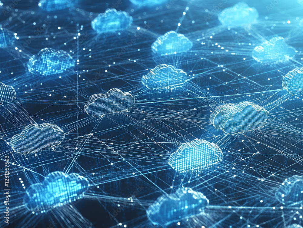 Poster global network cloud computing: abstract digital illustration of interconnected cloud icons, symboli
