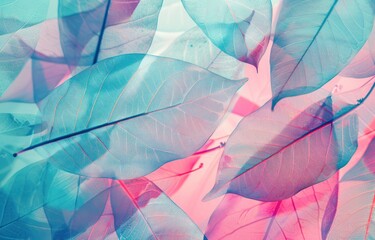 transparent skeleton leaves turquoise pink color. Bright expressive colorful beautiful artistic image of nature elegance