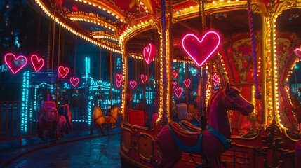 Obraz premium Carousel series featuring glowing neon accessories, each slide framed by vibrant neon hearts with subtle animation