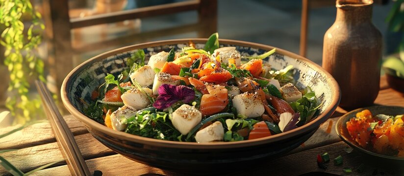 Vibrant Japanese onita salad with fresh fish and colorful vegetables in a decorative bowl against a warm outdoor background with wooden elements