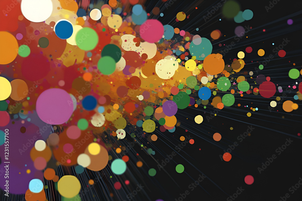Poster cosmic burst of color: a vibrant burst of colorful dots explodes outwards from a central point, crea