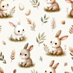 Spring watercolor seamless pattern with cute bunny. Happy Easter print in pastel colors.