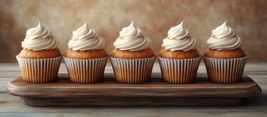Rustic wooden platter featuring five delicious carrot cupcakes with creamy frosting, displayed beautifully against a warm textured background.