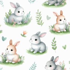 Spring watercolor seamless pattern with cute bunny. Happy Easter print in pastel colors.