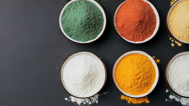 Collection of different colored spices in bowls. The spices are arranged in a row and are of various colors