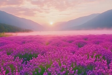 Fototapeta premium Breathtaking Lavender Field Stretching into the Horizon at Sunrise, Illuminated by Soft Morning Light with Misty Valley in the Background
