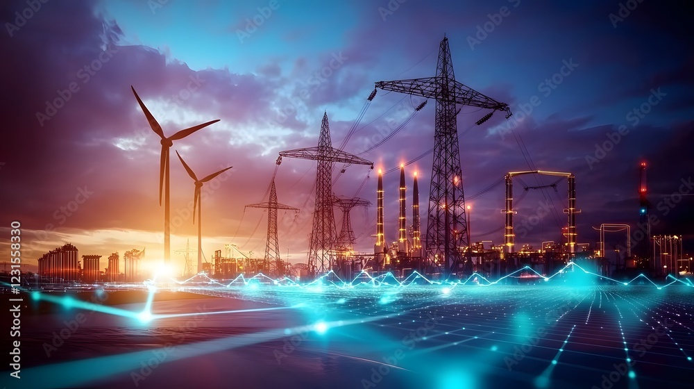 Poster sustainable energy grid managing seamless power transfer between wind turbines solar panels and batt