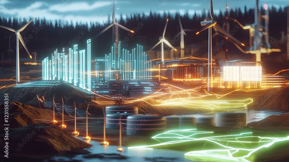 Aufkleber Futuristic Smart Energy Grid with AI Driven Automation and Renewable Power Glowing digital pathways connect energy hubs