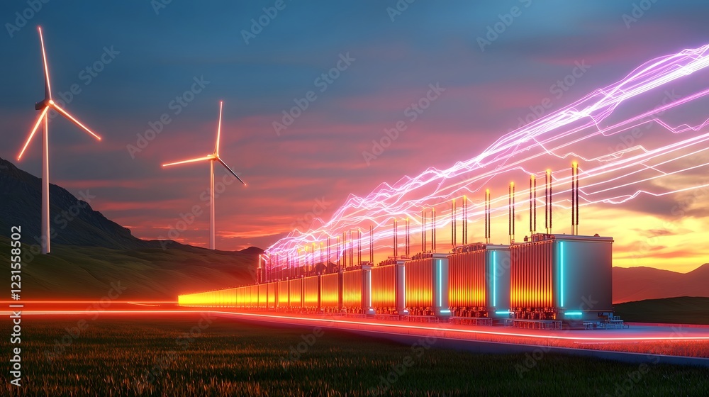Poster Futuristic renewable energy storage facility seamlessly connected to a high tech smart grid with large battery units efficiently managing power from solar and wind sources