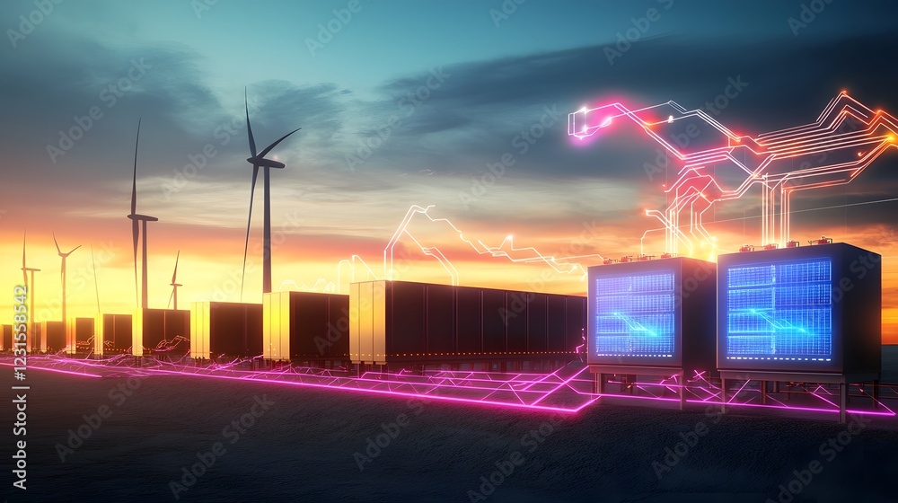 Aufkleber futuristic smart grid battery storage facility seamlessly managing and optimizing the flow of renewa