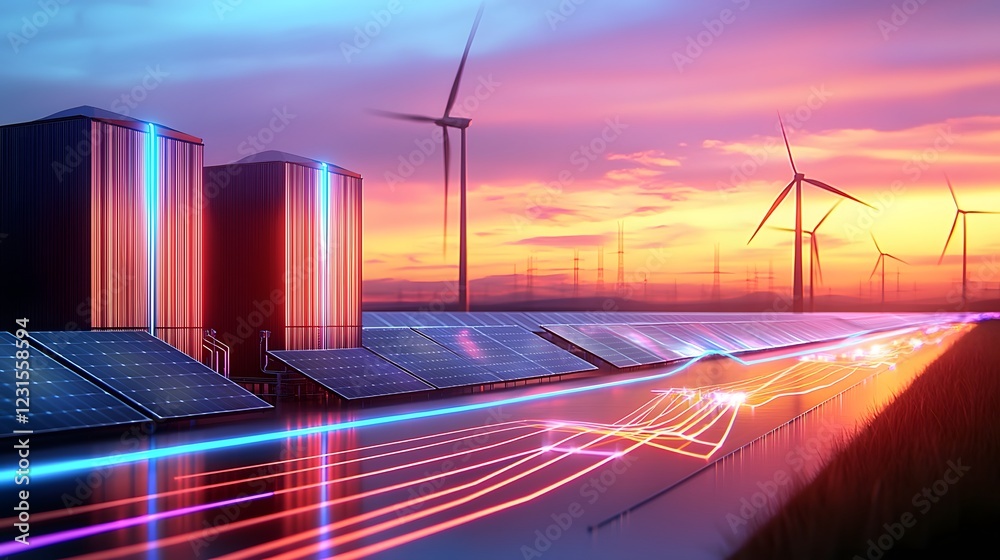 Aufkleber Advanced sustainable energy storage hub featuring AI driven battery technology  Renewable power from solar panels and wind turbines flows through a cybernetic smart grid