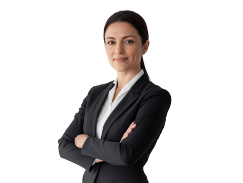 Elegant and Confident Businesswoman in Black Blazer and White Shirt with Arms Crossed – Professional Portrait for Corporate, Marketing, and Leadership Concepts on Transparent Background