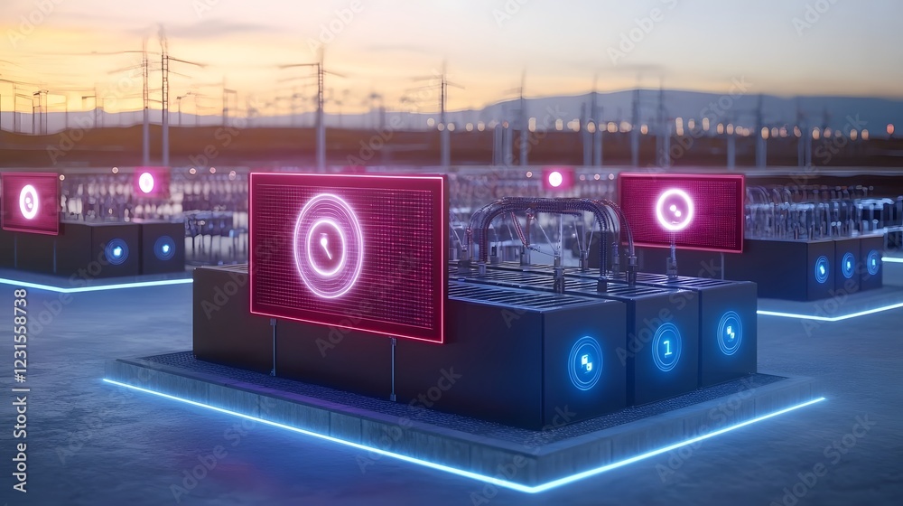 Poster Ultra modern energy storage network designed to optimize power from sustainable sources  Smart batteries connected to a high tech grid regulate electricity flow