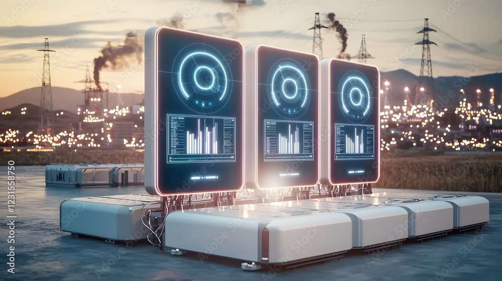 Poster Ultra modern energy storage network designed to optimize power from sustainable sources  Smart batteries connected to a high tech grid regulate electricity flow
