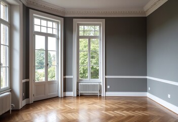 Obraz premium Classical empty room interior, The rooms have wooden floors and gray walls ,decorate with white moulding, there are white window looking out to the nature view