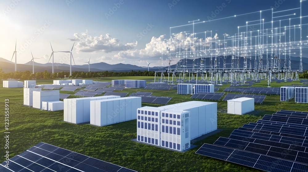 Poster A high tech renewable energy hub utilizing advanced AI driven battery storage systems for seamless electricity distribution
