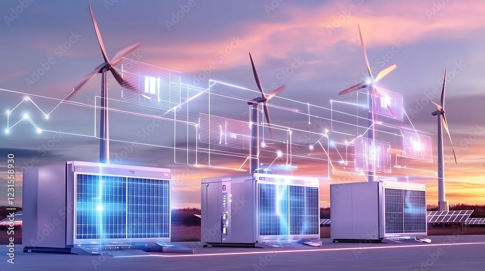 Poster futuristic cybernetic smart energy grid with ultra efficient battery technology and renewable power 