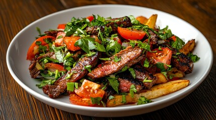 Savory grilled meat salad with fresh vegetables and herbs on a wooden table