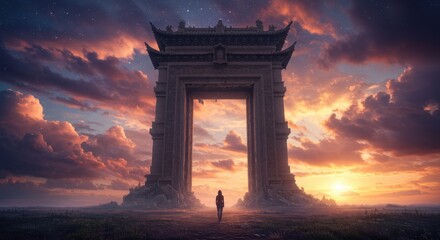 Fototapeta premium Majestic sunset behind ancient archway with silhouetted figure standing