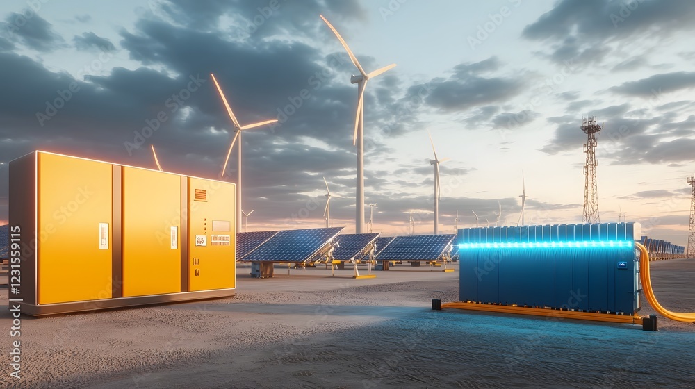 Poster Advanced holographic battery network optimizing renewable energy storage within an AI driven smart grid  A vast interconnected purple blue node system connects wind turbines solar farms