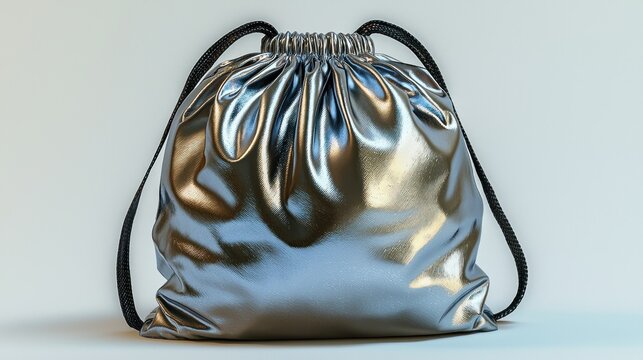 Silver bag with black strings on a solid background, for object display