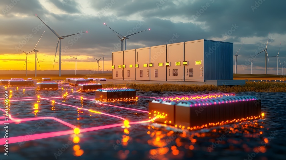 Poster Futuristic floating node network seamlessly integrating AI driven battery storage into a smart energy grid  Glowing purple and blue energy links hover above wind turbines and solar farms