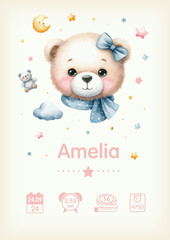 Watercolor Baby birth poster. Vector illustration of teddy bear, height, weight and date of birth. Illustration newborn metric for kids bedroom.