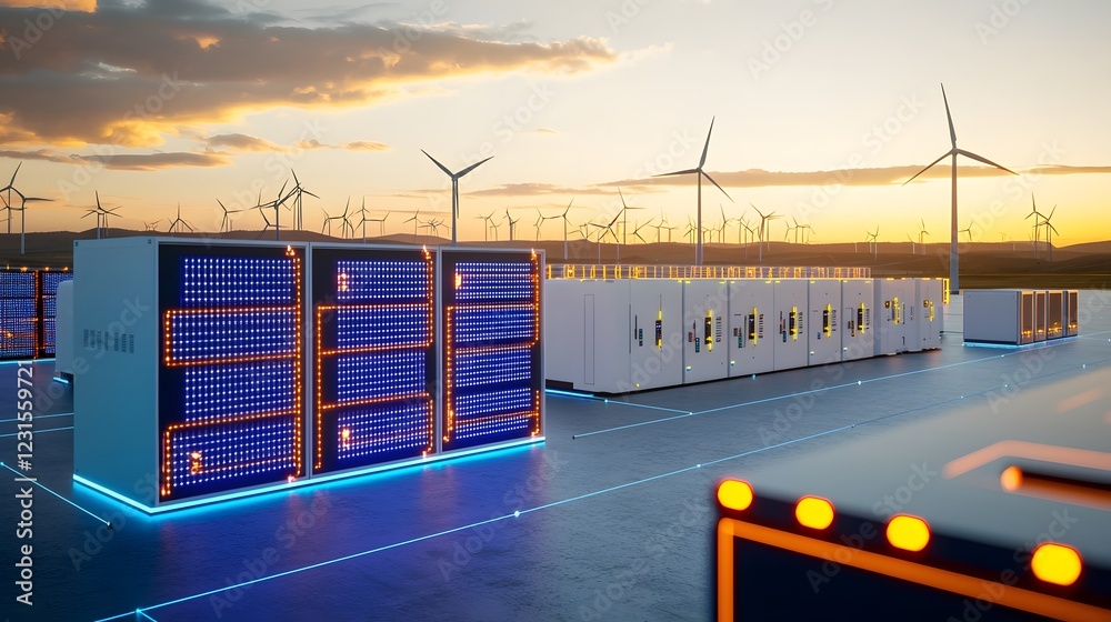 Poster Advanced floating network system visualizing a cybernetic battery grid managing renewable power  Pulsating purple and blue neon nodes hover in mid air interconnecting solar panels wind turbines