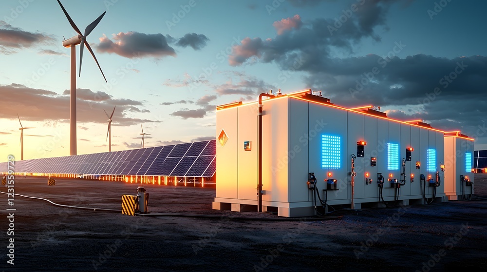 Poster Futuristic cybernetic renewable energy grid visualizing a floating network system of interconnected solar panels wind turbines and energy storage hubs with pulsating neon nodes in mid air