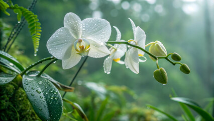 White orchid covered with drops of morning dew, with soft natural light. The blurred background of green foliage gives depth to the composition.