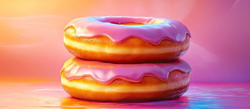 Glazed donuts with pink frosting stacked on top against a vibrant sunset gradient background celebrating National Donut Day joyfully. - Powered by Adobe