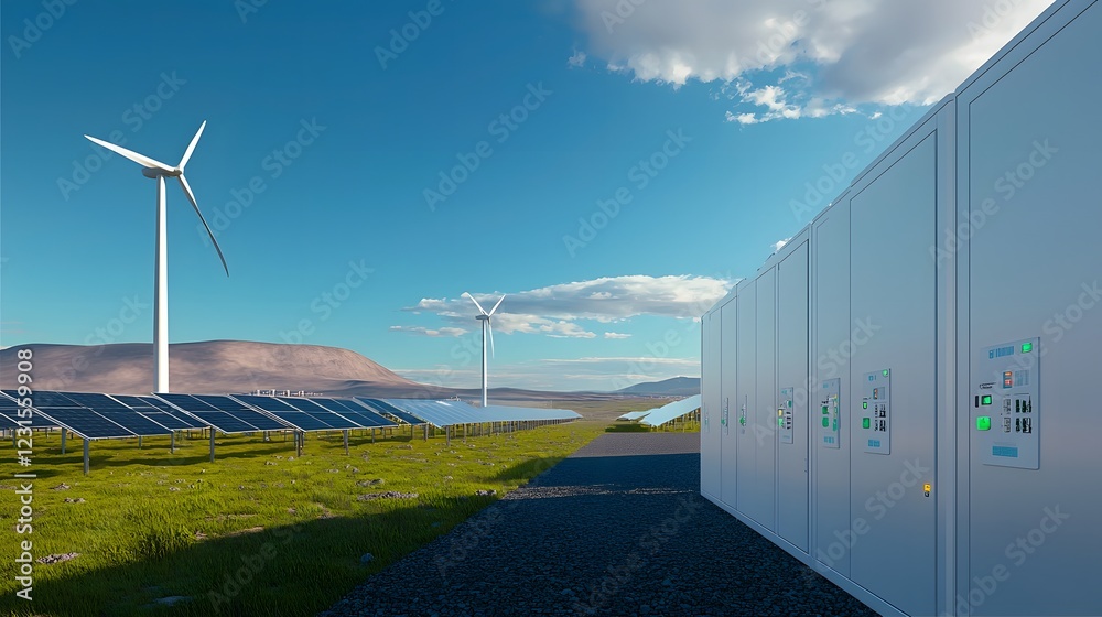 Aufkleber panoramic view of a futuristic renewable energy grid featuring seamlessly integrated large scale li 