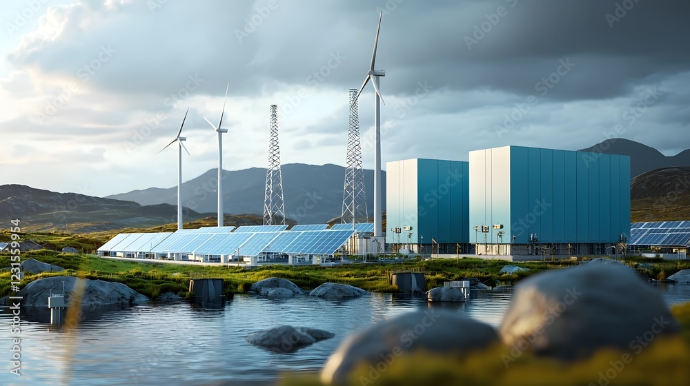 Poster Panoramic view of a modern renewable energy infrastructure with massive battery storage units efficiently managing electricity from wind power farms and solar energy fields