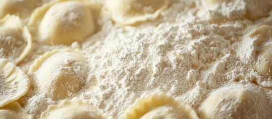 Obraz premium Close up of flour texture scattered around uncooked dumplings and ravioli highlighting creamy beige color and delicate details of pasta shapes