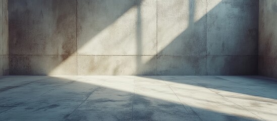 Minimalist empty room with textured concrete walls and floor featuring soft light beams creating an ideal 3D background for projects.