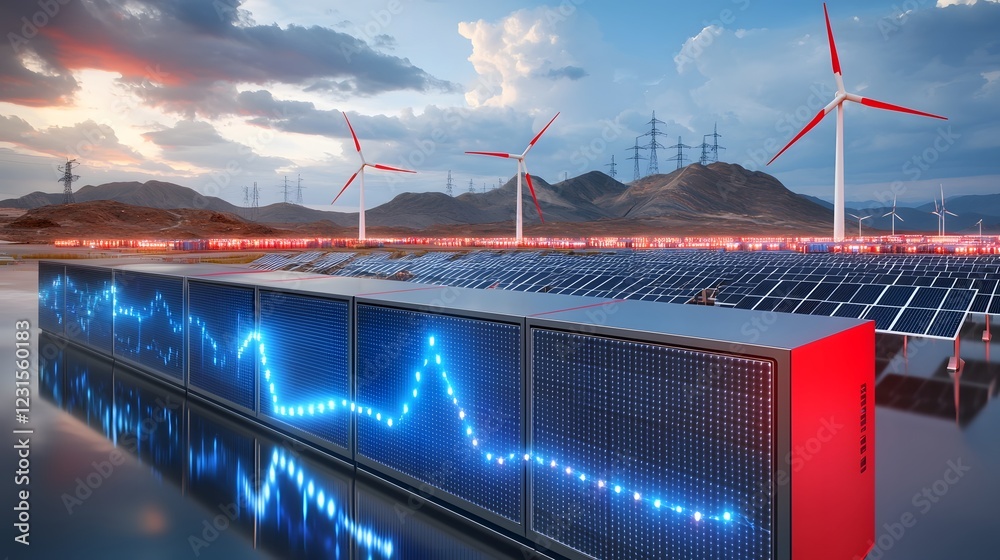 Poster ultramodern renewable energy storage system with sleek battery containers rotating wind turbines and