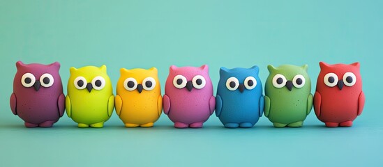Fototapeta premium Vibrant clay play dough owl toys in a row featuring bright colors of pink, green, blue, yellow, and orange set against a turquoise background.