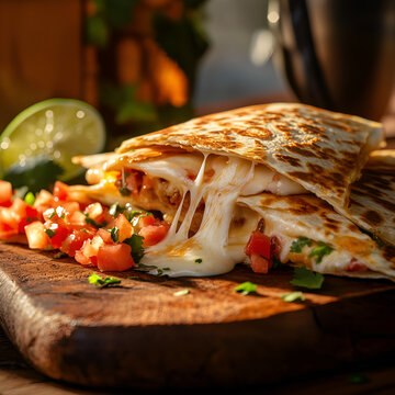 Golden quesadilla with melted cheese and fresh pico de gallo