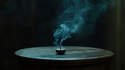 Fototapeta premium Extinguished candle smoke on dark wood table, moody background, meditation