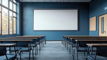 Empty classroom with screen, desks, chairs, and outside light coming in