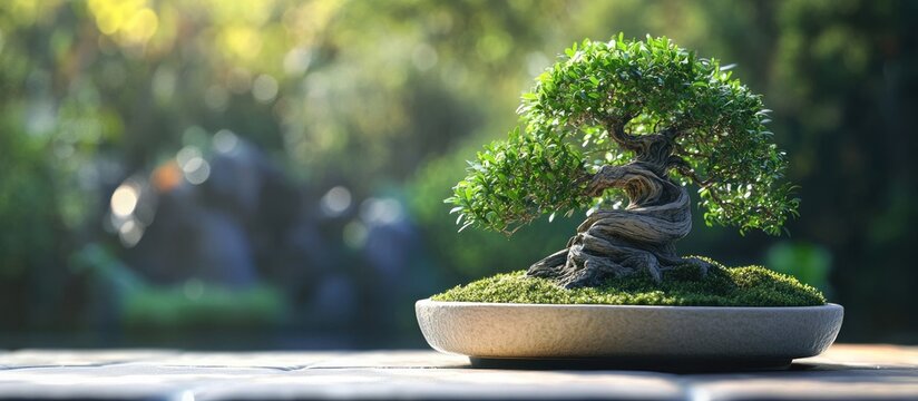 Close up of a double bonsai penjing on a wooden terrace with lush green leaves, textured roots, and a blurred nature background in soft focus.