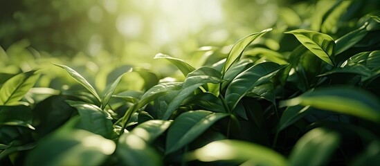 Obraz premium Vibrant green tea leaves in a lush plantation with soft sunlight creating a serene atmosphere perfect for showcasing fresh tea beauty.