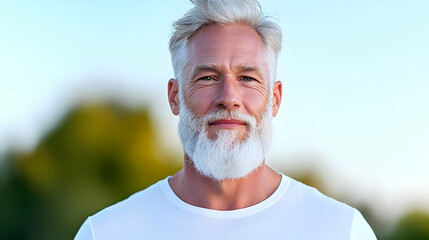 Smiling senior man outdoors, portrait, calm background, website profile