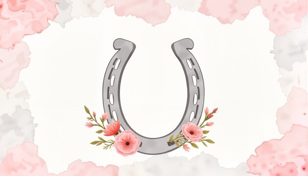 Horseshoe with flowers on watercolor background