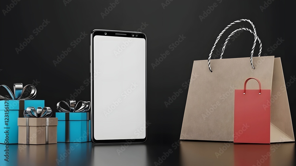 Poster minimalist 3d white screen smartphone with shopping bag and gift box floating on a black solid backg