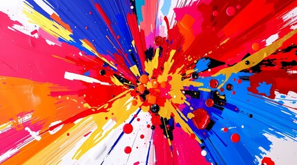 An abstract image depicting a vibrant explosion of color, featuring bold strokes of crimson, sapphire, and gold, creating a dynamic and energetic composition. The style is expressionistic, wit