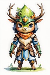 Charming fantasy illustration of a small woodland warrior in armor, wielding a sword and shield, featuring a whimsical and RPG-inspired design.  