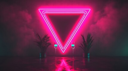 Neon pink triangle art with plants & glasses on floor