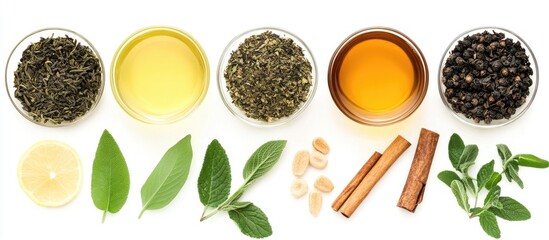 Natural herbal tea ingredients arranged horizontally featuring green tea leaves in bowls, honey jar, lemon slices, sprigs of mint, and cinnamon sticks.