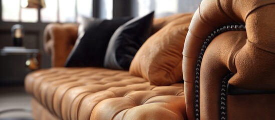 Obraz premium Elegant brown leather chesterfield sofa with tufted cushions and black decorative pillows in a stylish modern interior with soft lighting tones.